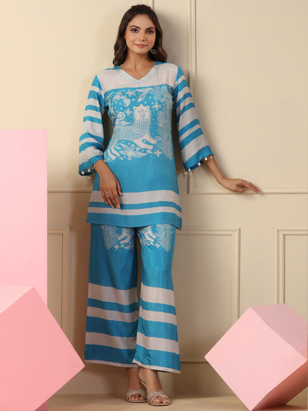 Straight Style Silk Fabric Blue Color Co-Ord Set