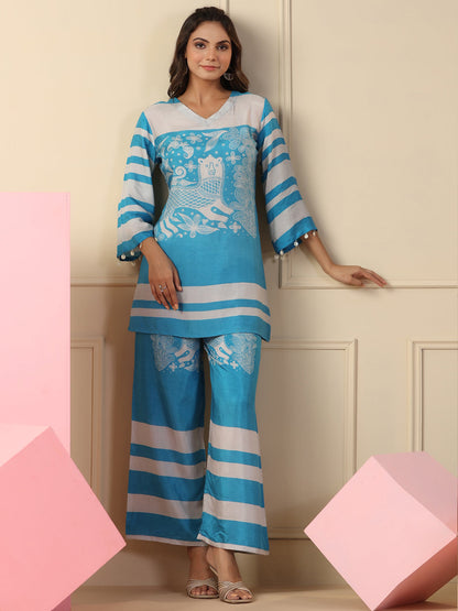 Straight Style Silk Fabric Blue Color Co-Ord Set