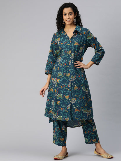 A Line Style Cotton Fabric Blue Color Kurta And Bottom