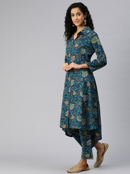 A Line Style Cotton Fabric Blue Color Kurta And Bottom