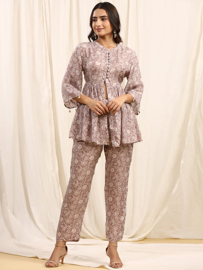 Flared Style Silk Fabric Grey Color Top With Trouser