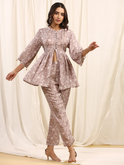 Flared Style Silk Fabric Grey Color Top With Trouser