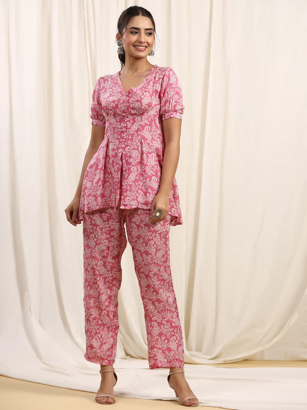 A Line Style Silk Fabric Pink Color Top With Trouser