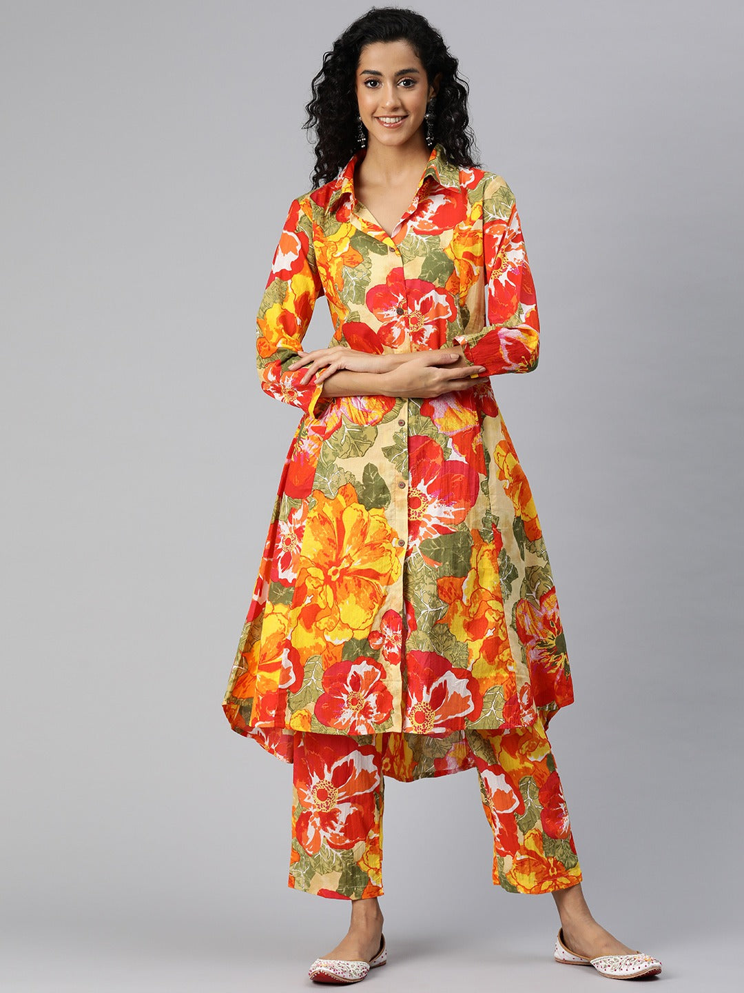 A Line Style Cotton Fabric Orange Color Co-Ord Set