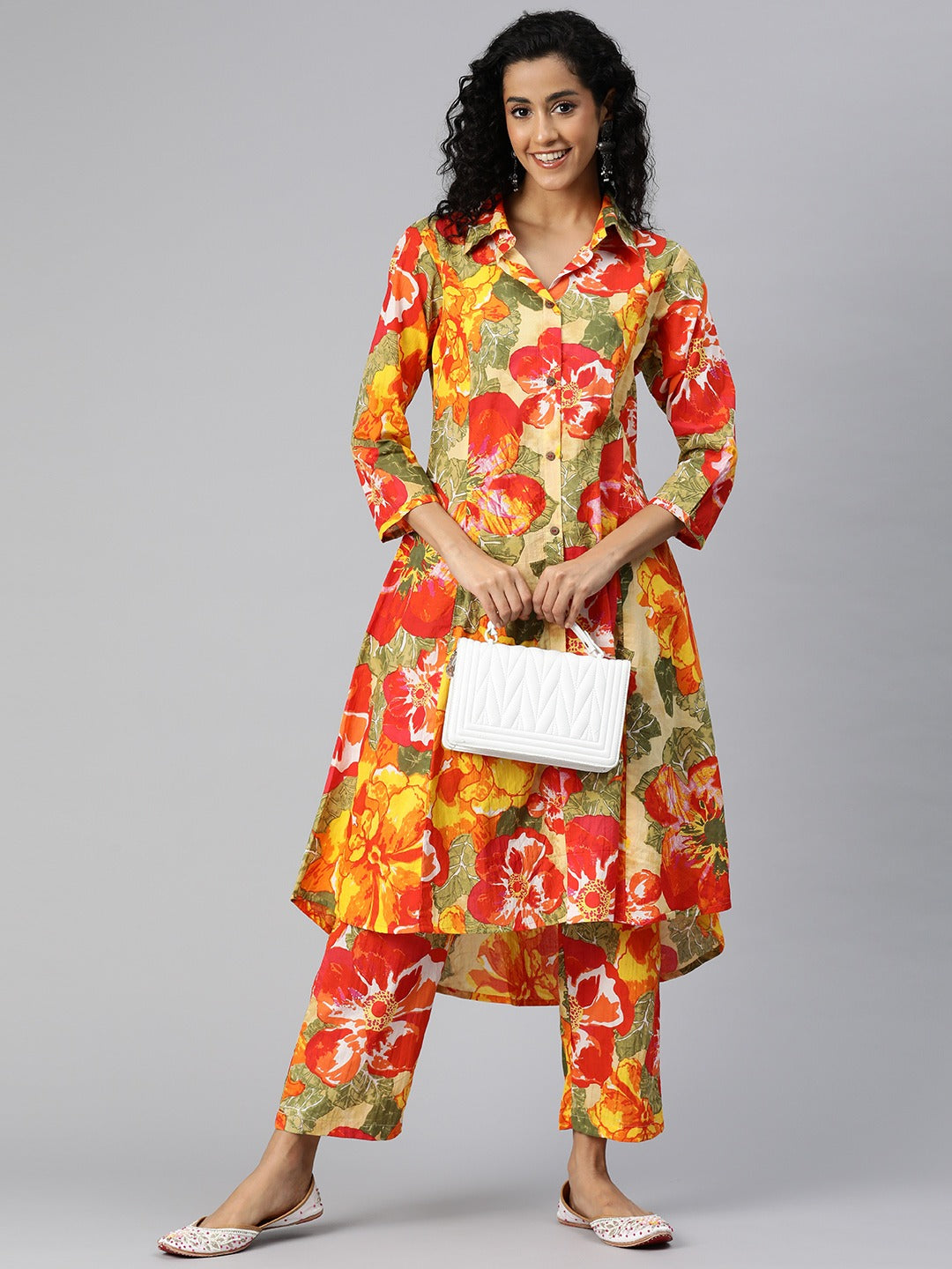 A Line Style Cotton Fabric Orange Color Co-Ord Set