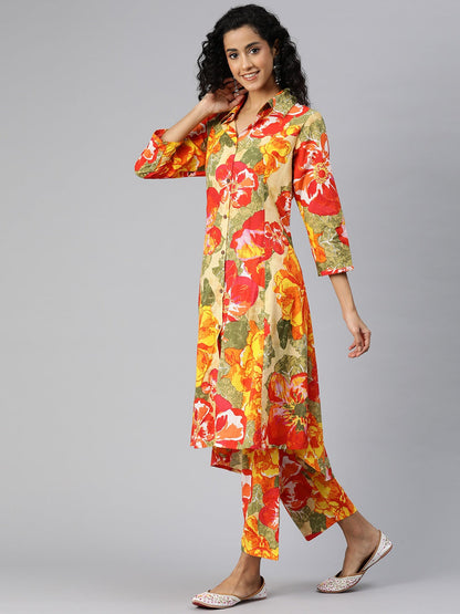 A Line Style Cotton Fabric Orange Color Co-Ord Set