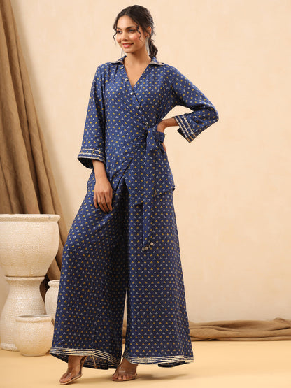 A Line Style Silk Fabric Blue Color Co-Ord Set