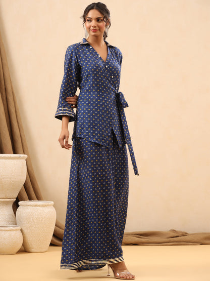A Line Style Silk Fabric Blue Color Co-Ord Set