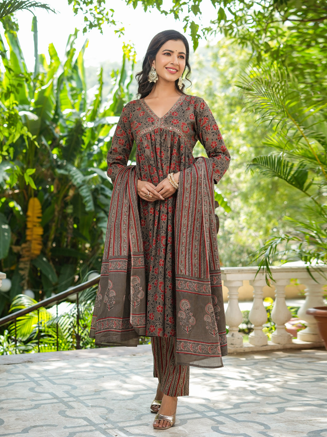 Flared Style Cotton Fabric Brown Color Kurta And Bottom With Dupatta