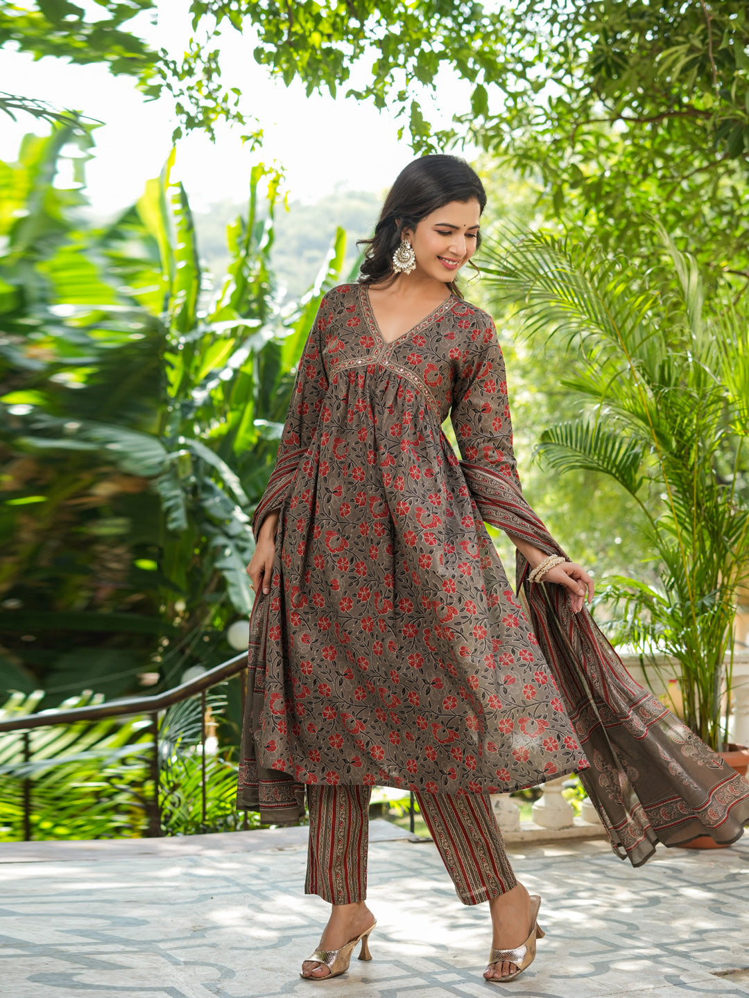 Flared Style Cotton Fabric Brown Color Kurta And Bottom With Dupatta