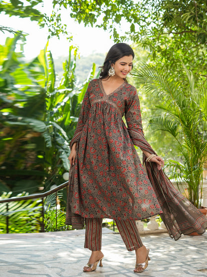 Flared Style Cotton Fabric Brown Color Kurta And Bottom With Dupatta
