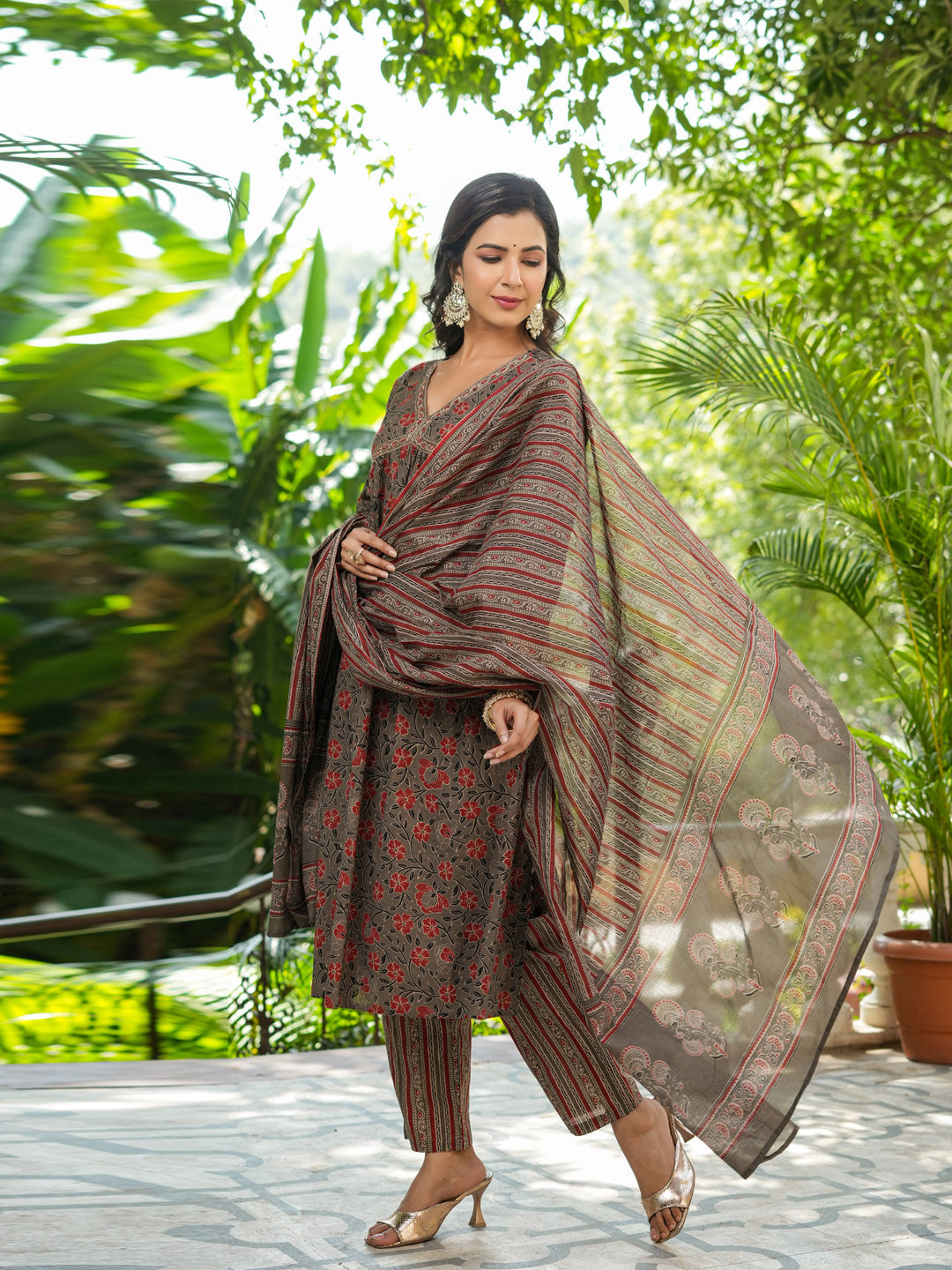 Flared Style Cotton Fabric Brown Color Kurta And Bottom With Dupatta