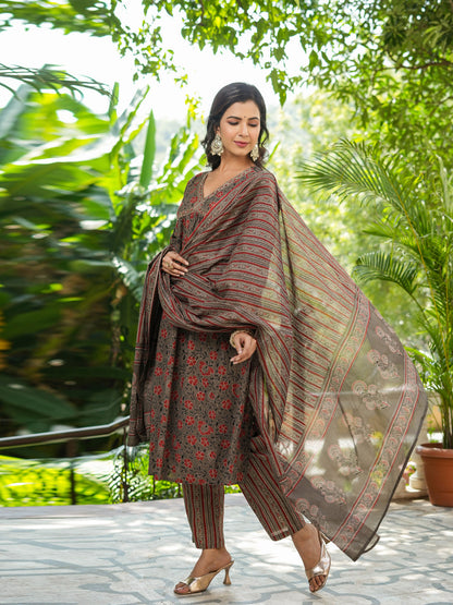 Flared Style Cotton Fabric Brown Color Kurta And Bottom With Dupatta