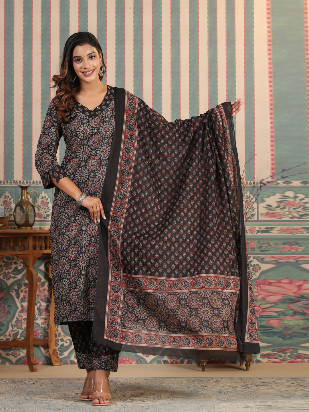 Straight Style Cotton Fabric Black Color Kurta And Bottom With Dupatta