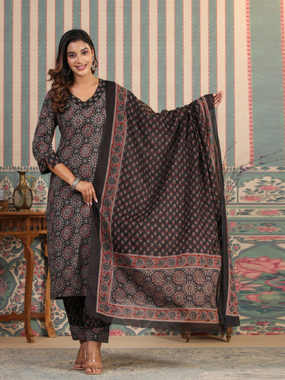 Straight Style Cotton Fabric Black Color Kurta And Bottom With Dupatta