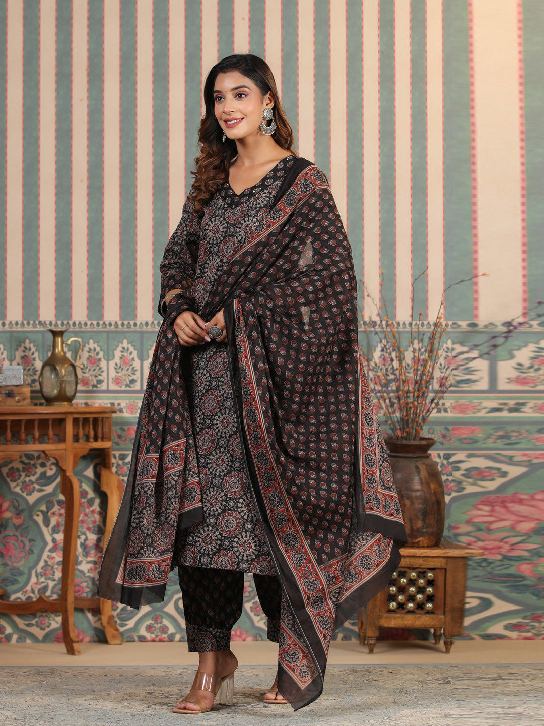 Straight Style Cotton Fabric Black Color Kurta And Bottom With Dupatta