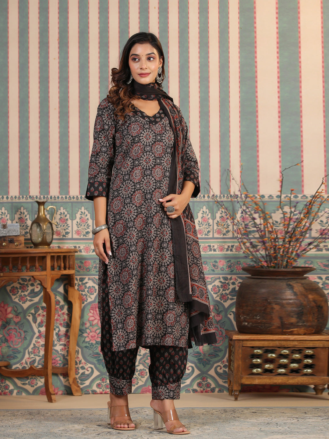 Straight Style Cotton Fabric Black Color Kurta And Bottom With Dupatta