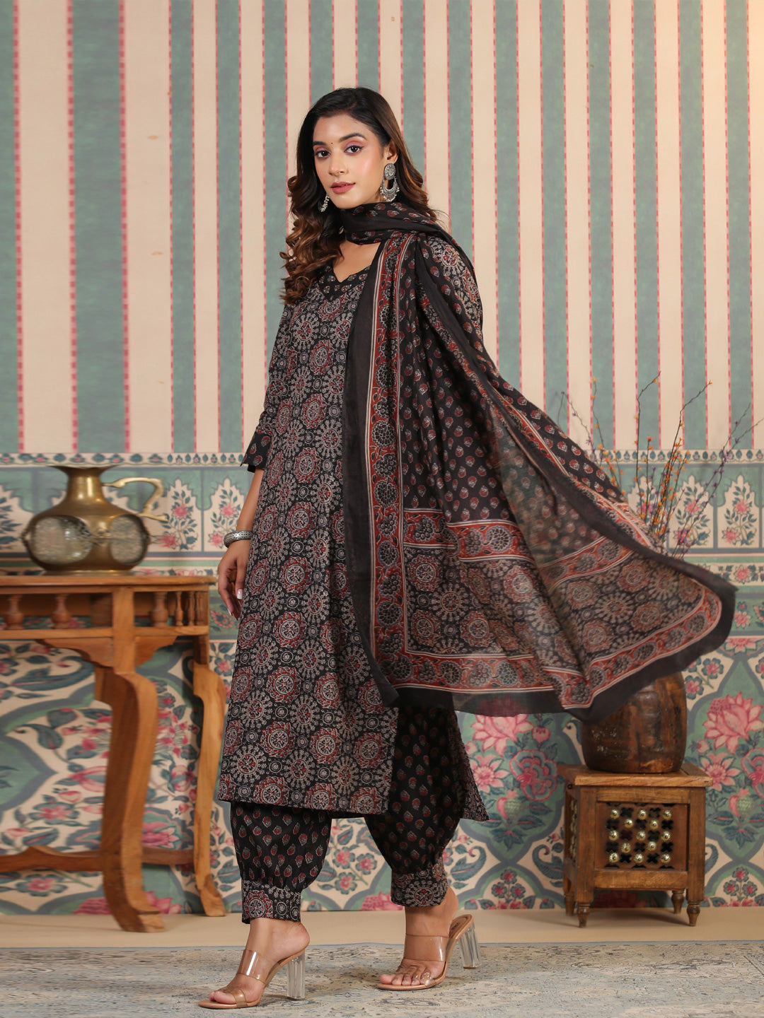 Straight Style Cotton Fabric Black Color Kurta And Bottom With Dupatta