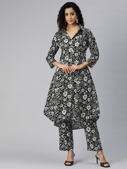 A Line Style Cotton Fabric Black Color Co-Ord Set