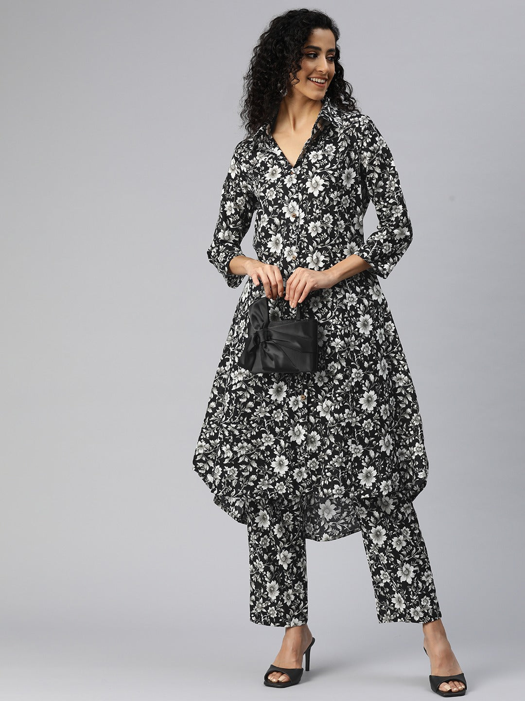 A Line Style Cotton Fabric Black Color Co-Ord Set