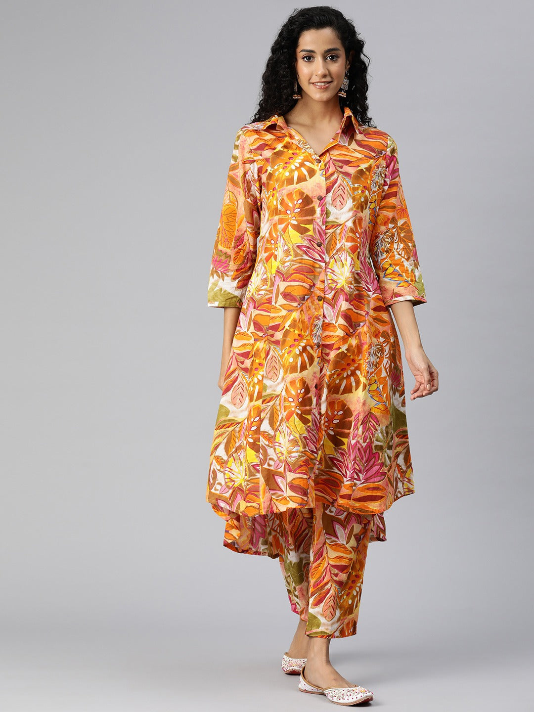 A Line Style Cotton Fabric Orange Color Co-Ord Set
