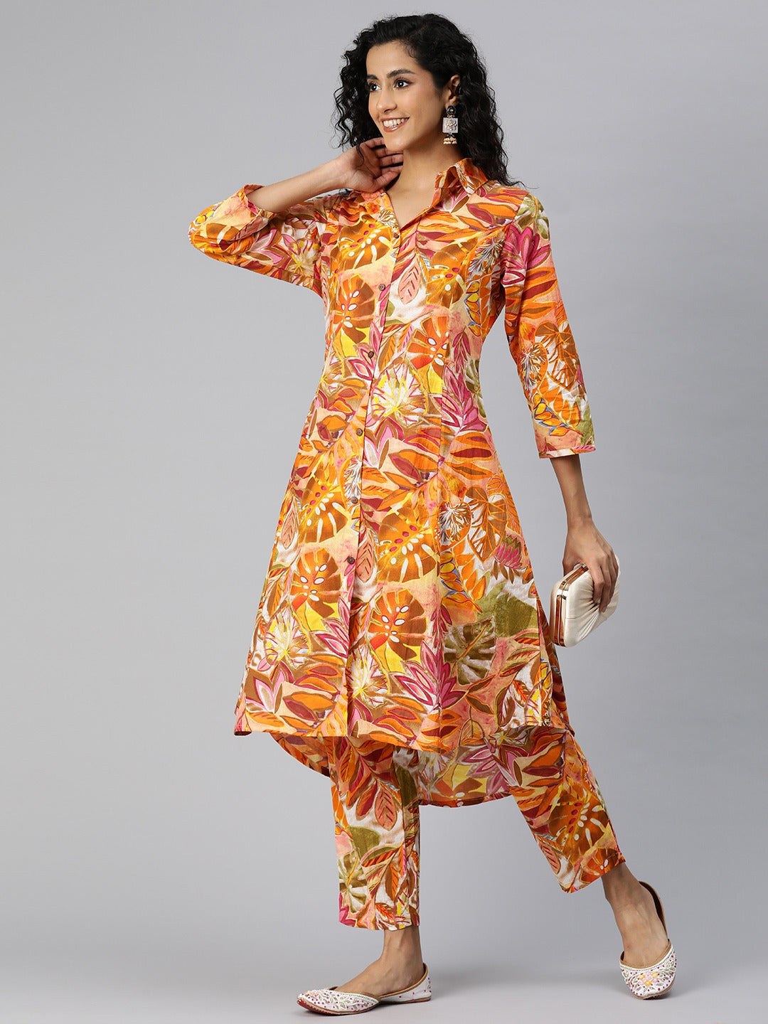 A Line Style Cotton Fabric Orange Color Co-Ord Set