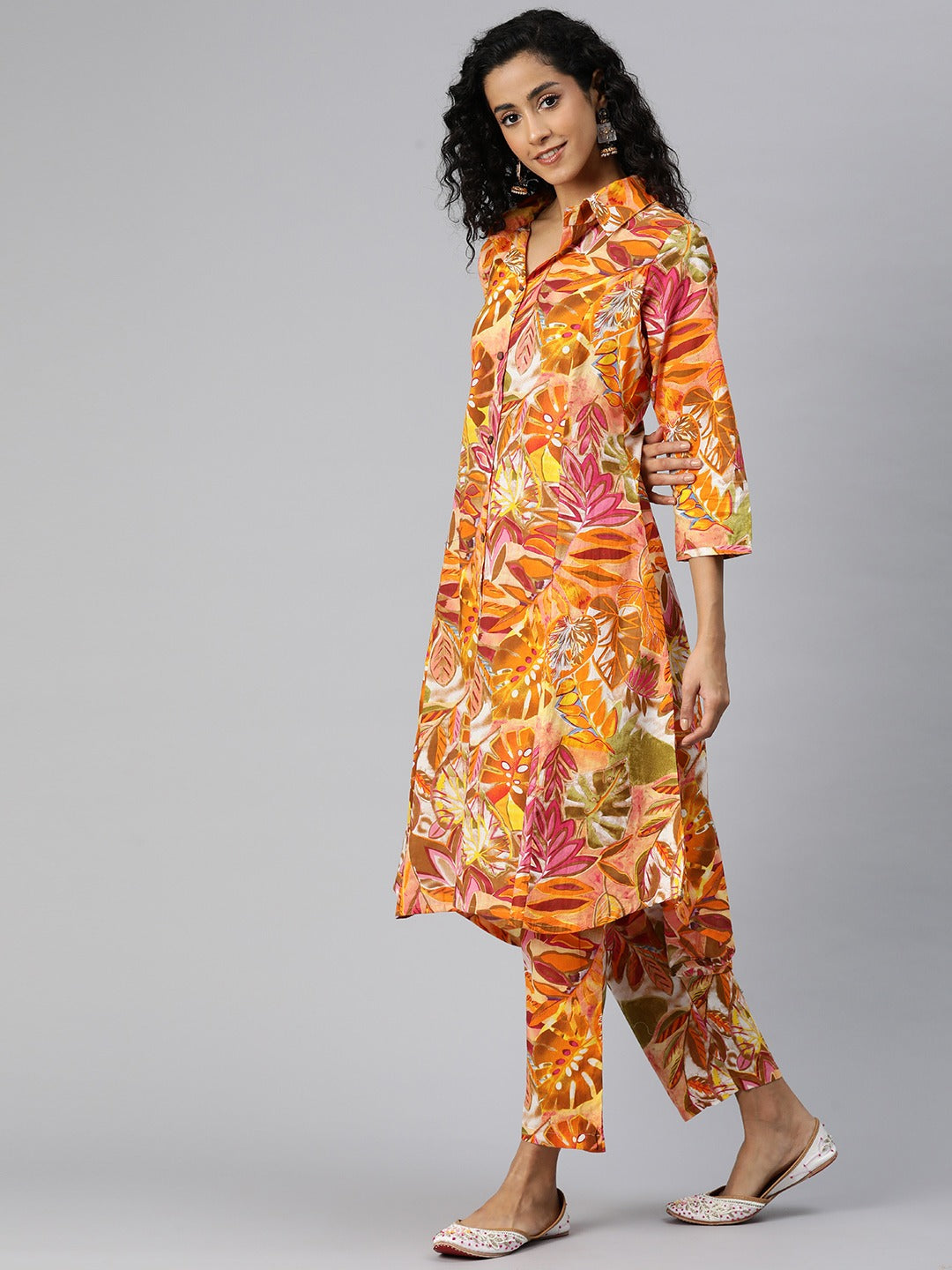 A Line Style Cotton Fabric Orange Color Co-Ord Set