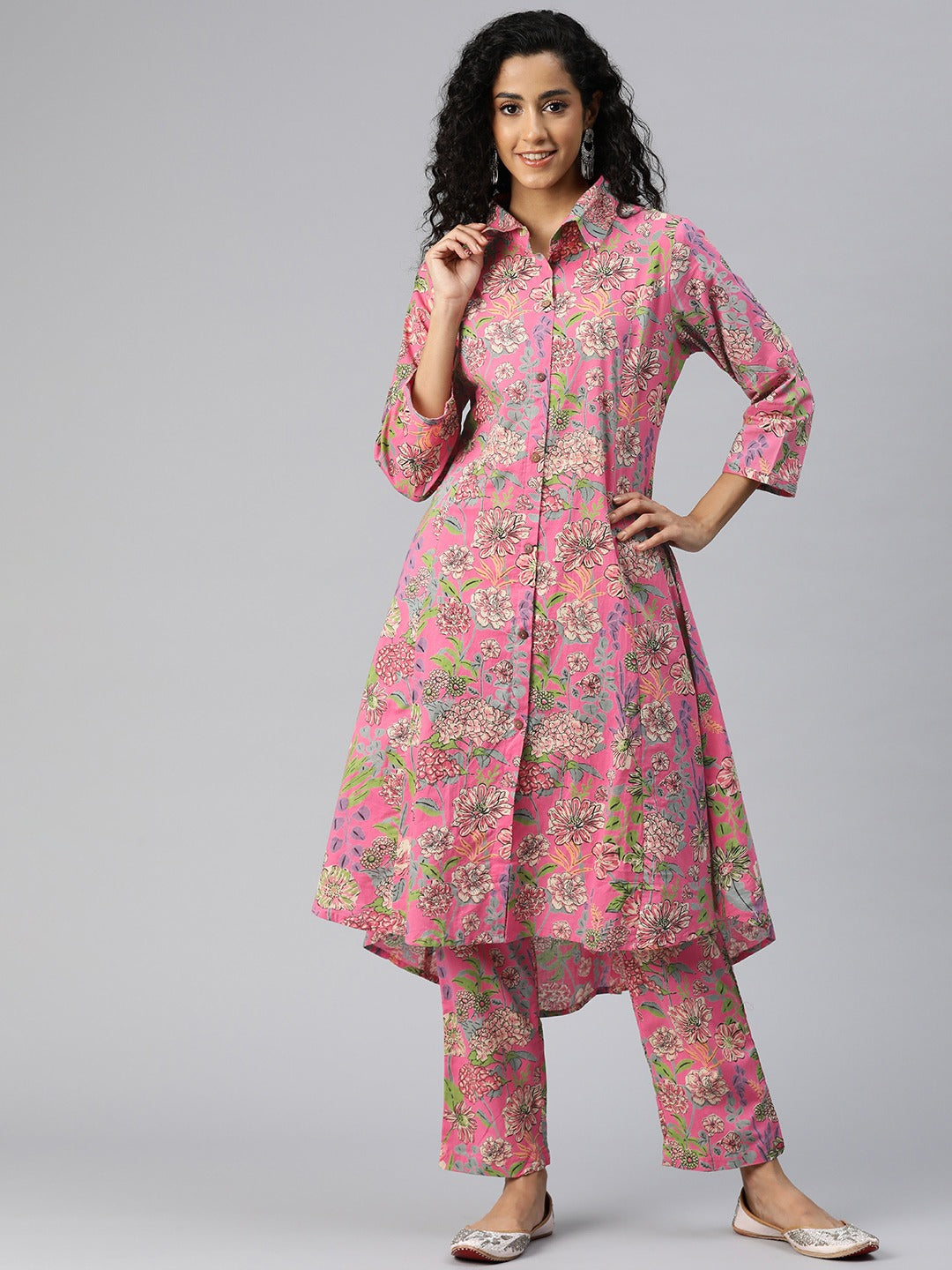 A Line Style Cotton Fabric Pink Color Co-Ord Set