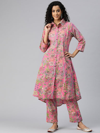 A Line Style Cotton Fabric Pink Color Co-Ord Set