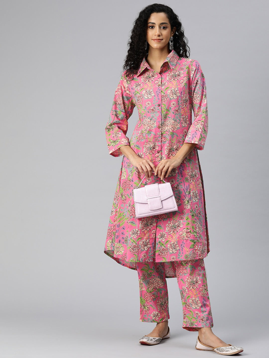 A Line Style Cotton Fabric Pink Color Co-Ord Set