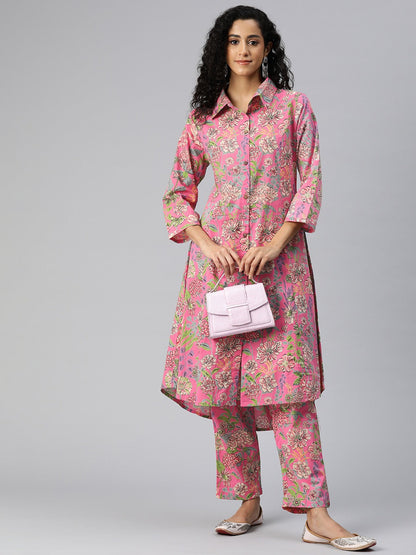 A Line Style Cotton Fabric Pink Color Co-Ord Set