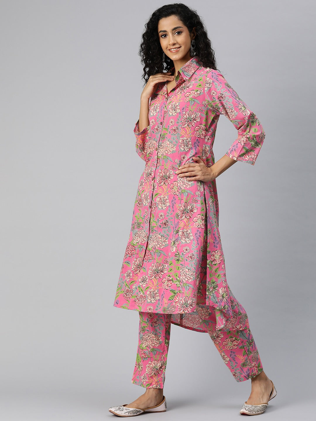 A Line Style Cotton Fabric Pink Color Co-Ord Set