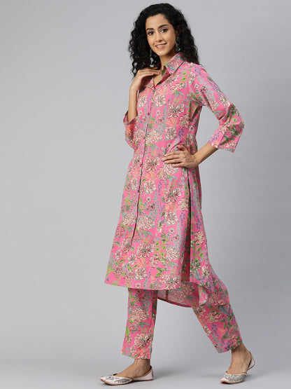 A Line Style Cotton Fabric Pink Color Co-Ord Set