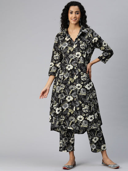 A Line Style Cotton Fabric Black Color Co-Ord Set