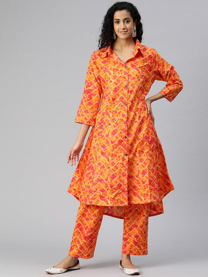 A Line Style Cotton Fabric Orange Color Co-Ord Set