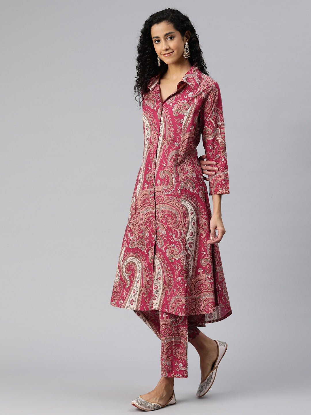 A Line Style Cotton Fabric Red Color Kurta And Bottom