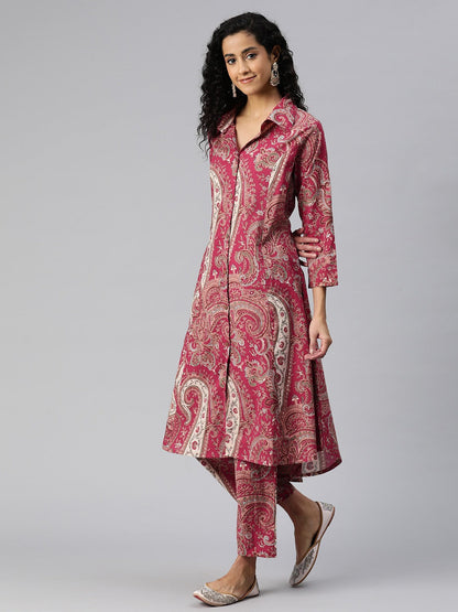 A Line Style Cotton Fabric Red Color Kurta And Bottom