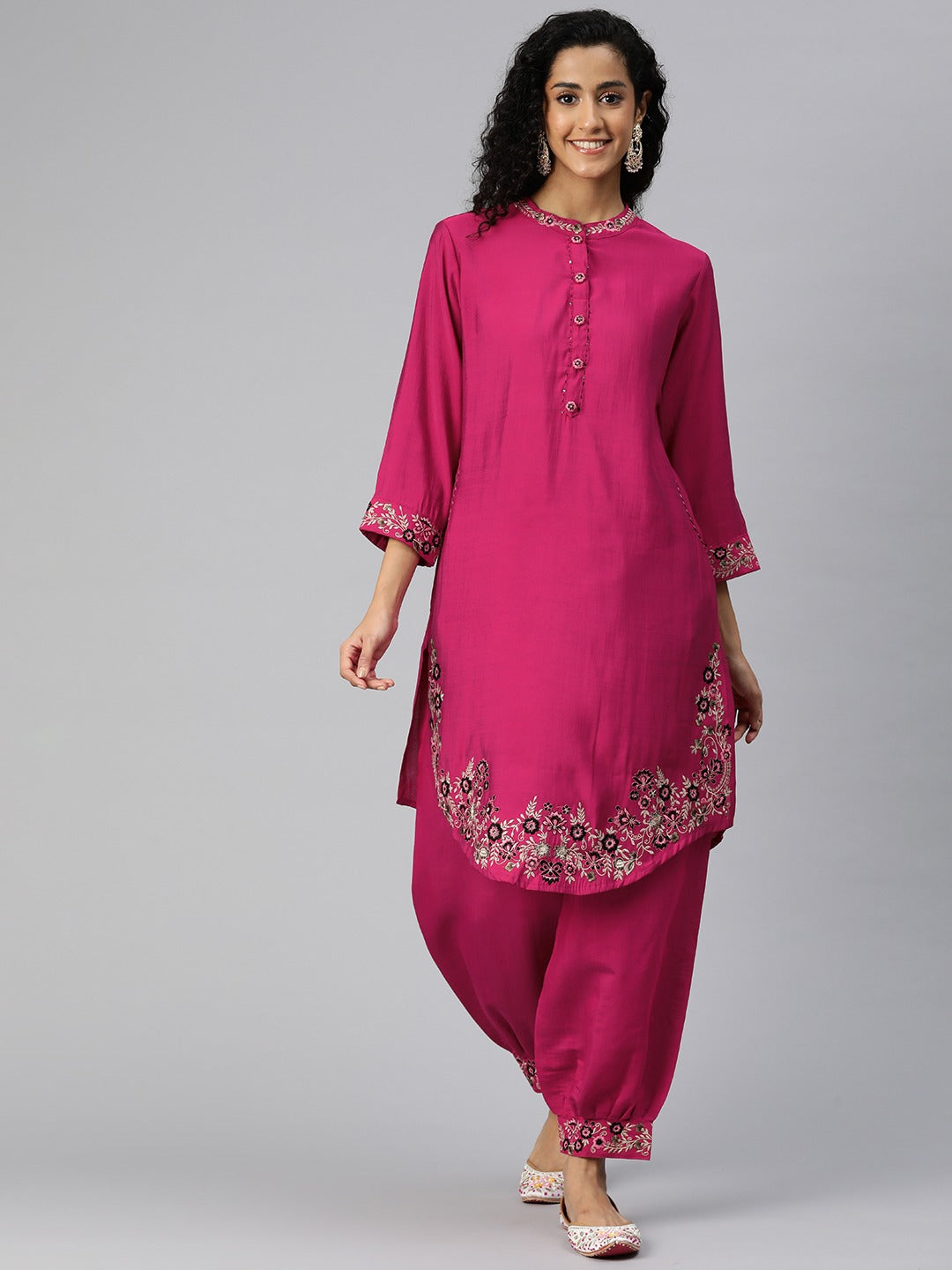 Straight Style Silk Fabric Magenta Color Kurta And Bottom