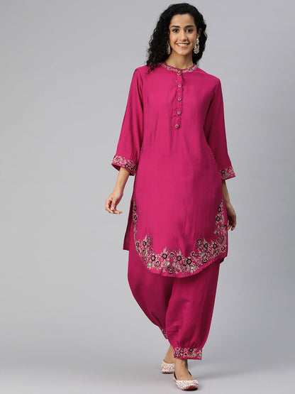 Straight Style Silk Fabric Magenta Color Kurta And Bottom