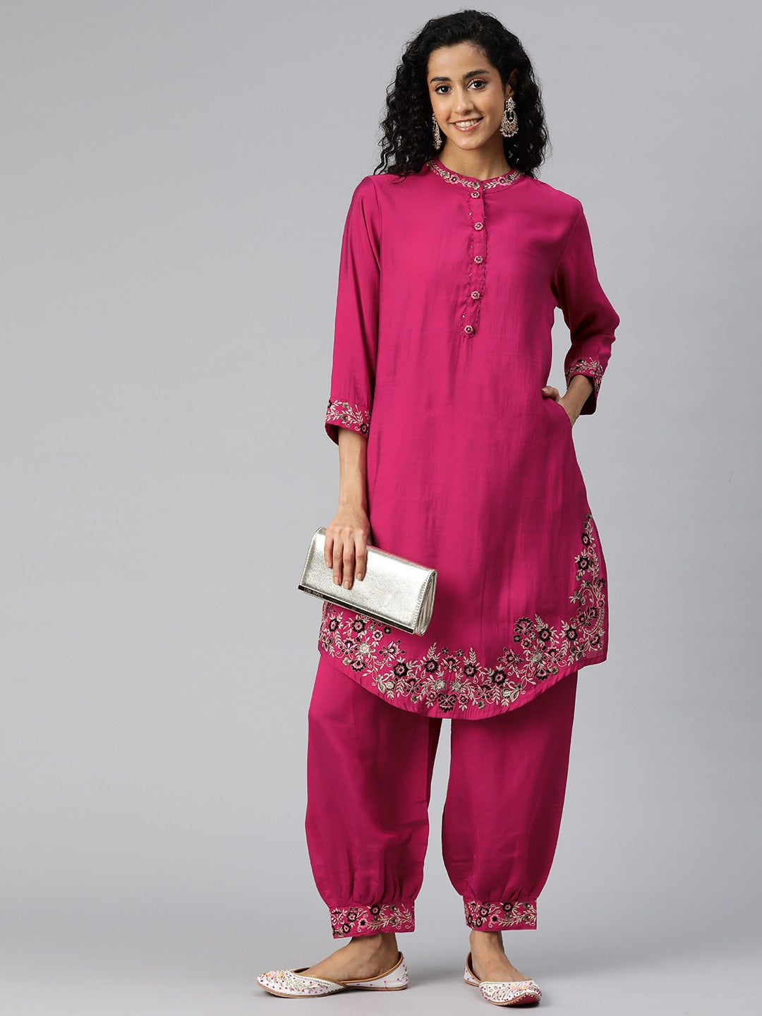 Straight Style Silk Fabric Magenta Color Kurta And Bottom