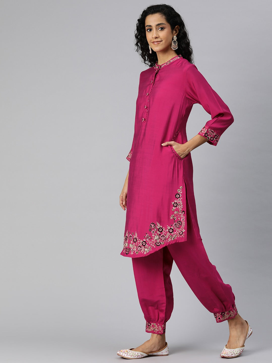 Straight Style Silk Fabric Magenta Color Kurta And Bottom