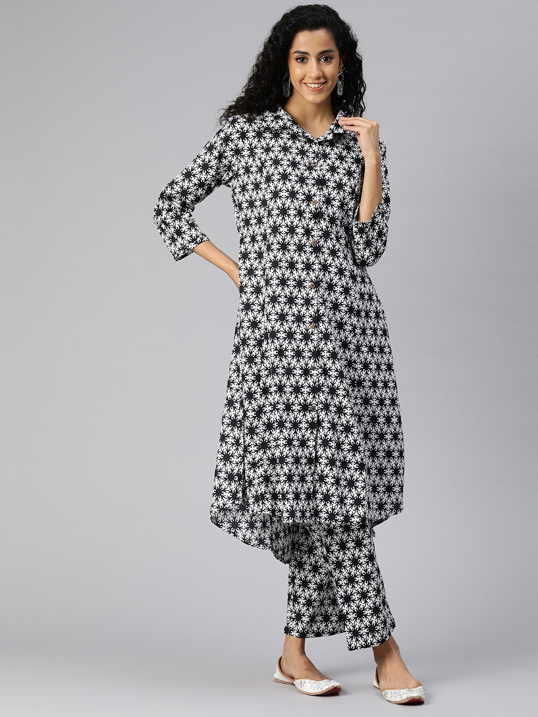 A Line Style Cotton Fabric Black And White Color Kurta And Bottom