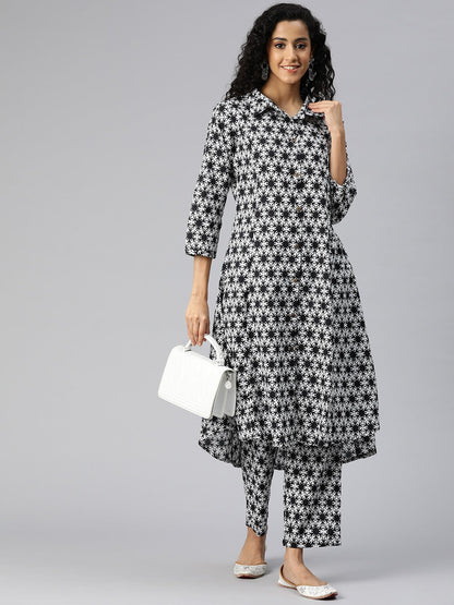 A Line Style Cotton Fabric Black And White Color Kurta And Bottom