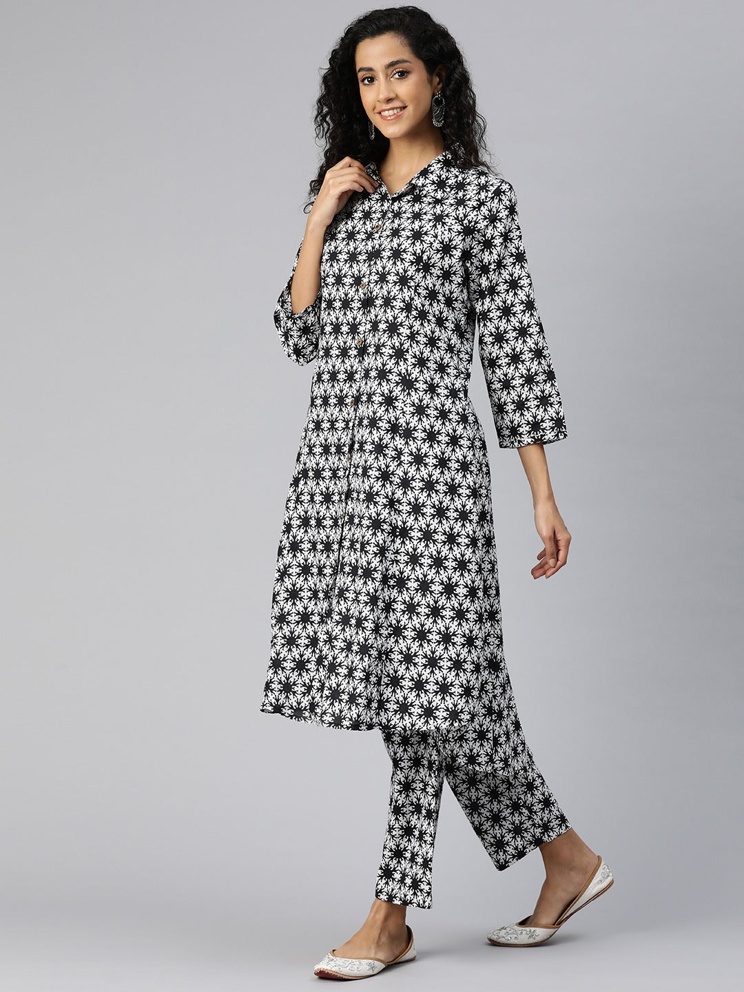 A Line Style Cotton Fabric Black And White Color Kurta And Bottom