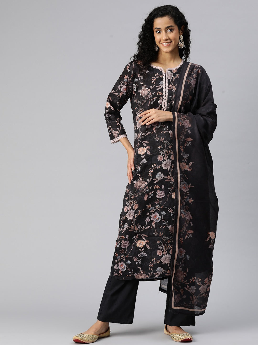 Straight Style Cotton Fabric Black Color Kurta And Bottom With Dupatta