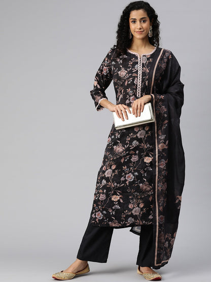 Straight Style Cotton Fabric Black Color Kurta And Bottom With Dupatta