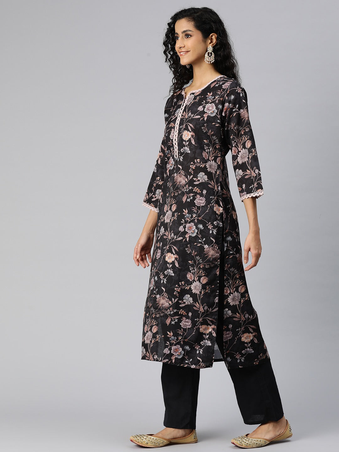 Straight Style Cotton Fabric Black Color Kurta And Bottom With Dupatta