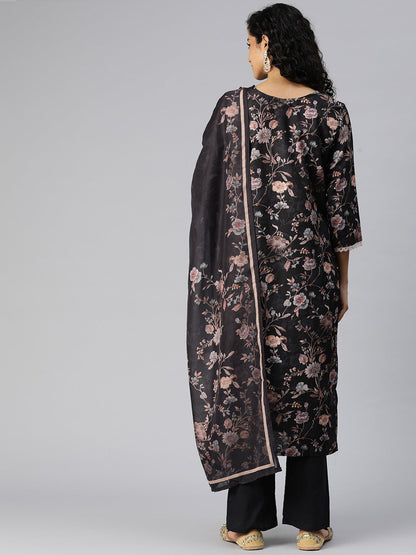 Straight Style Cotton Fabric Black Color Kurta And Bottom With Dupatta