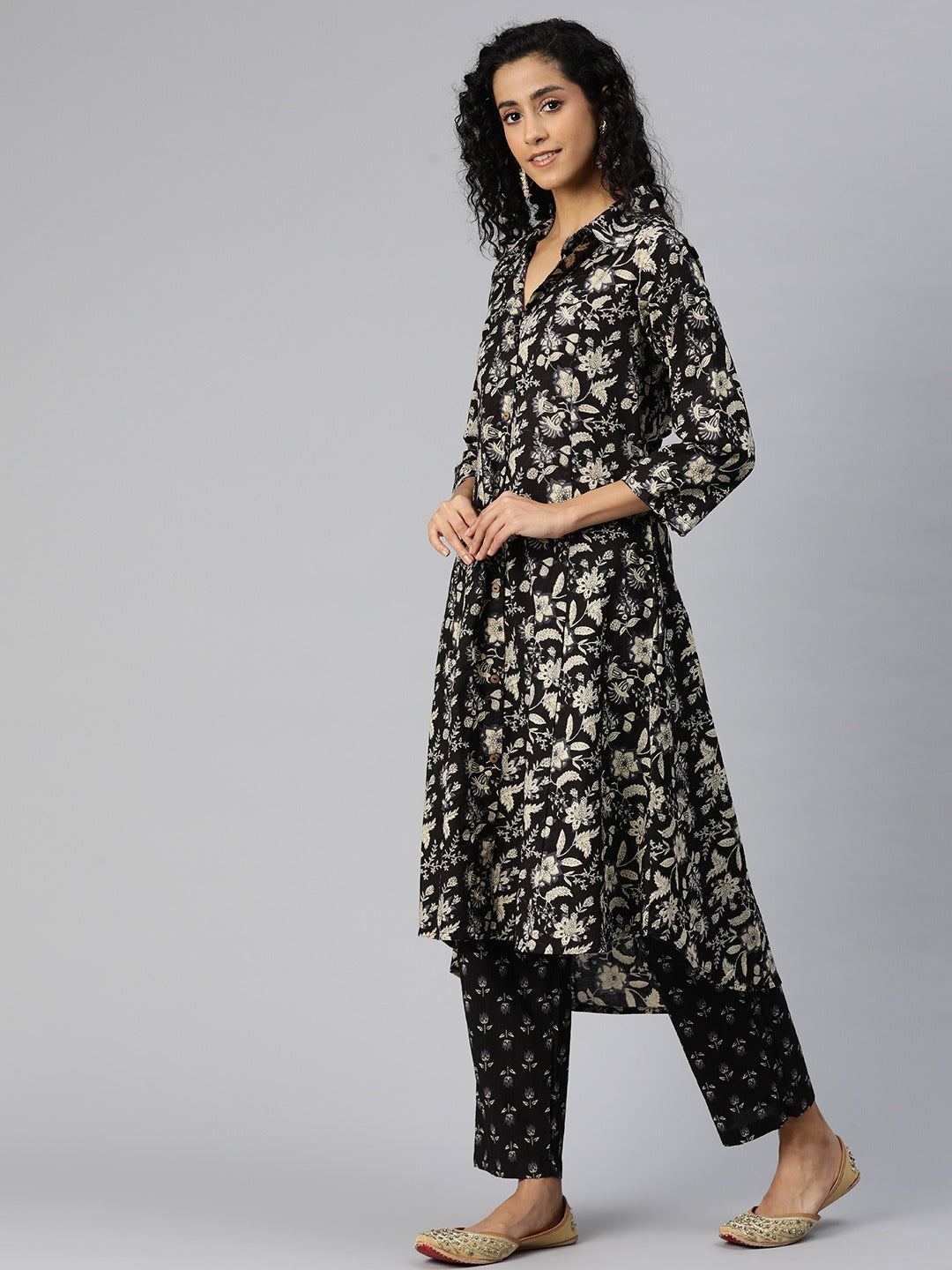 A Line Style Cotton Fabric Black Color Kurta And Bottom