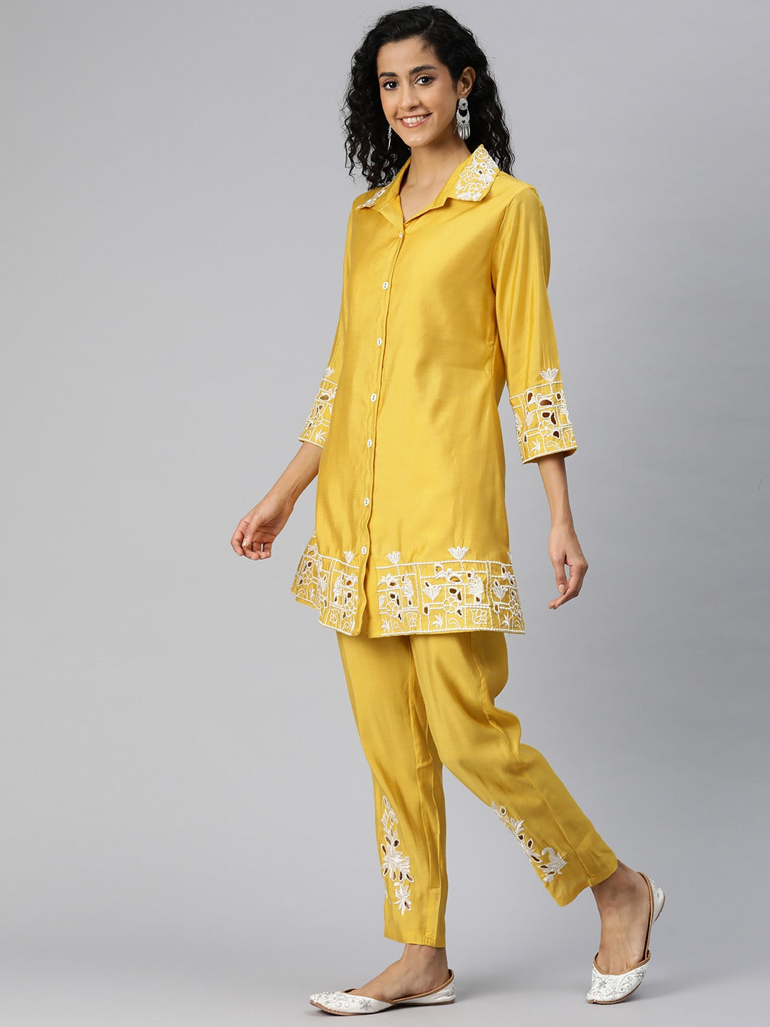 Shirt Style Silk Fabric Yellow Color Kurta And Bottom